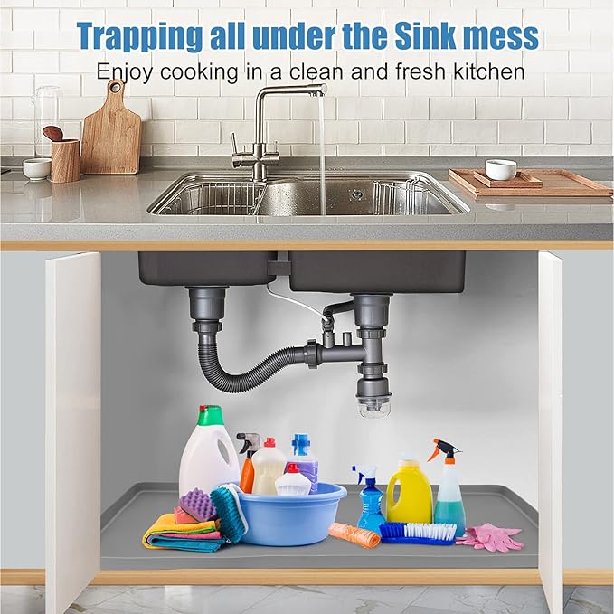 BEESVO Under Sink Mat for Kitchen Waterproof, 34" x 19" Silicone Under Sink Liner Kitchen & Bathroom Cabinet Protector Mats, Heavy Duty Flexible Under Sink Drip Tray with Lip, Cool Grey