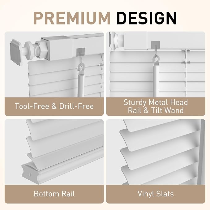 No Drill No Tool 1" Vinyl Mini Blinds, Light Filtering Horizontal Window Blinds