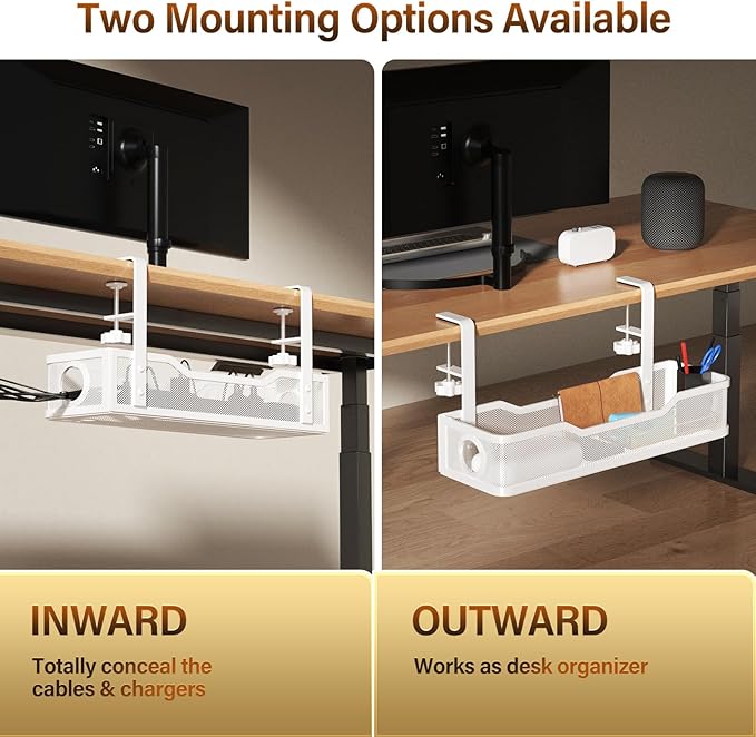 16-in Under Desk Cable Trays, No Drill, 2 Pack – White