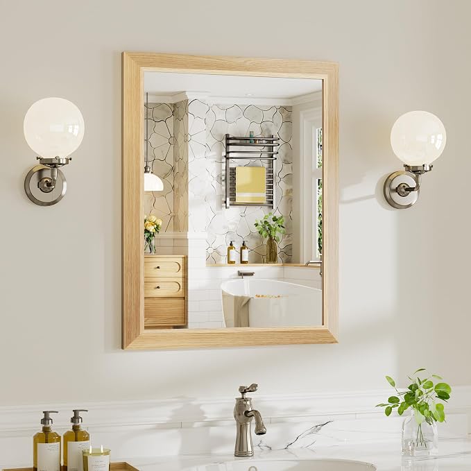 24x30 Inch Bathroom Mirror for Wall, Anti-Rust Oak Wood Grain Metal Framed