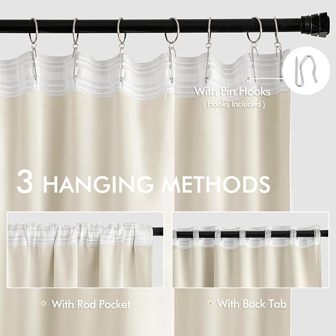 MIULEE Beige White Back Tab Blackout Curtains 72 Inches Long 2 Panels Set