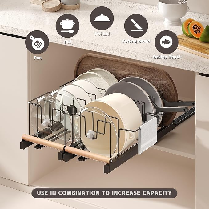 Magheo 2 Pack Pull Out Pots and Pans Organizer Under Cabinet, 22" Deep Expandable Pot Lid Organizer and Storage with 10 Adjustable Dividers Adhesive Pot and Pan Holder Rack with Handle Bracket(Black)