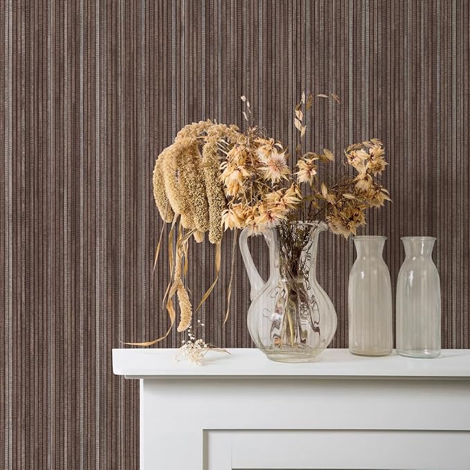 Tempaper Textured Brown & Metallic Silver Faux Grasscloth Removable Peel and