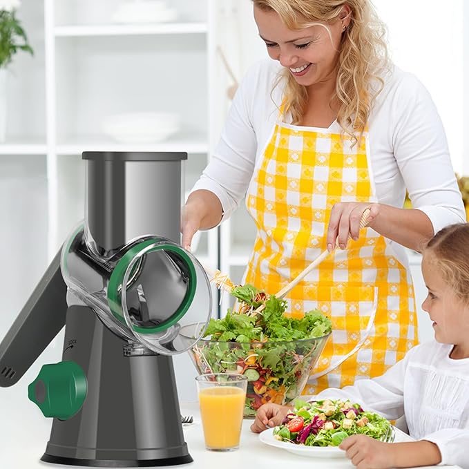 Ourokhome Rotary Cheese Grater Hand Crank, Kitchen Shredder Speed Mandolin Slicer Nuts Grinder with Handle and Drum Blades for Cheese, Vegetable, Walnuts, Chocolate, Potato, Carrot, 3 Blades, Gray