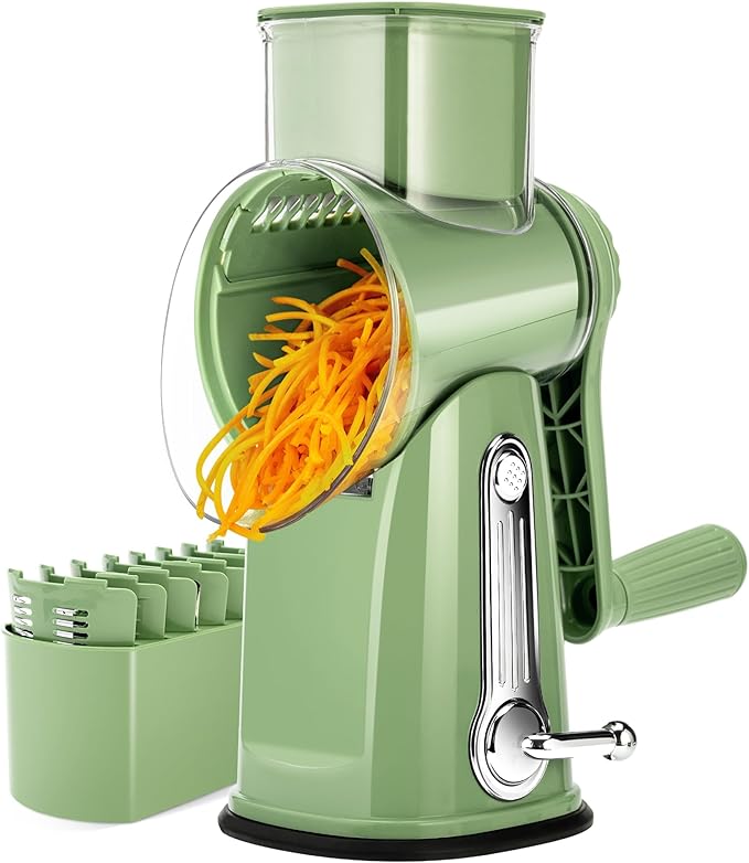 SUSTEAS Rotary Cheese Grater with Handle - Vegetable Shredder with 5 Well-designed Blades & Strong Suction Base,Round Mandoline Slicer & Food Chopper for Kitchen,with Blade Storage Box(Retro Green)