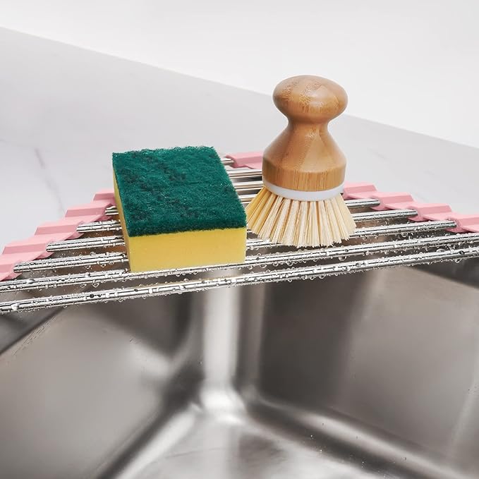 Tomorotec Triangle Foldable Dish Drying Rack, Small Roll-Up Stainless Steel Over Sink Drainer for Kitchen Sink Corner, Rustproof Multipurpose Organizer(Pink)