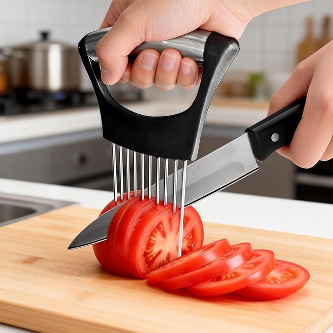 2 PCS Onion Holder for Slicing, Stainless Steel Vegetable Fruit Cutter Chopper, Multi-use Kitchen Slicer Assistant Tool for Onion Tomato Avocado Potato Egg Lemon Meat, Blue & Black