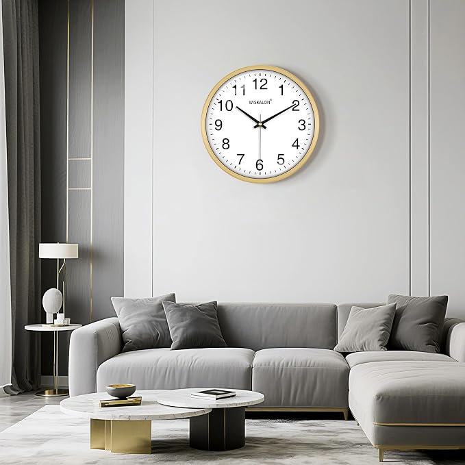 WISKALON 10 inch Wall Clock, Silent Non-Ticking Elegant Golden Frame Clock