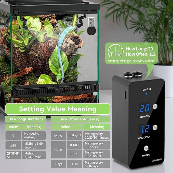 moistenland Reptile Humidifier, Misting System for Terrariums, Automatic with Adjustable Spray Nozzles, Black