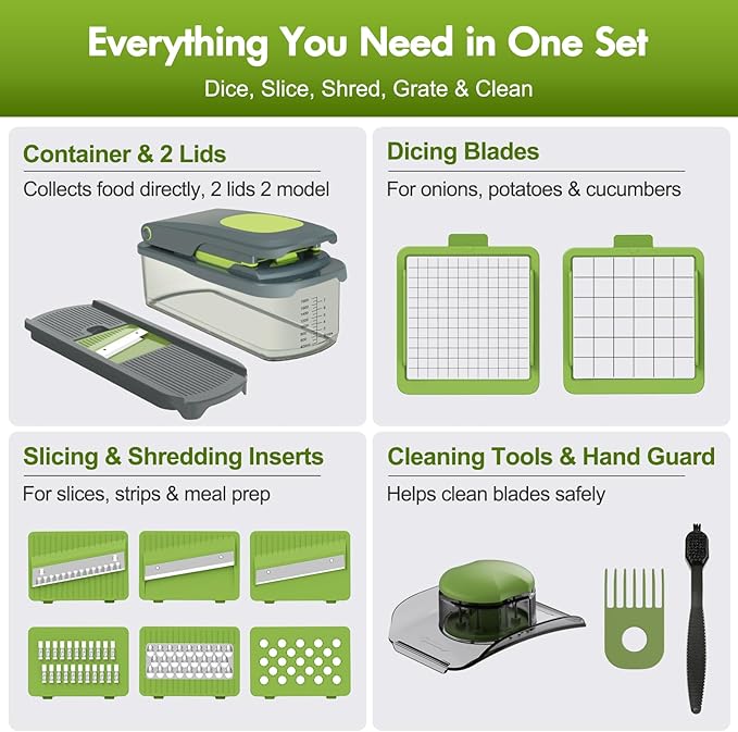 Ourokhome Food Chopper Manual Hand with Container, Mandolin Vegetable Slicer Onion Dicer with 8 Blades, Veggie Shredder for Potato, Tomato, Essential Kitchen Gadgets (8 in 1, Gray)