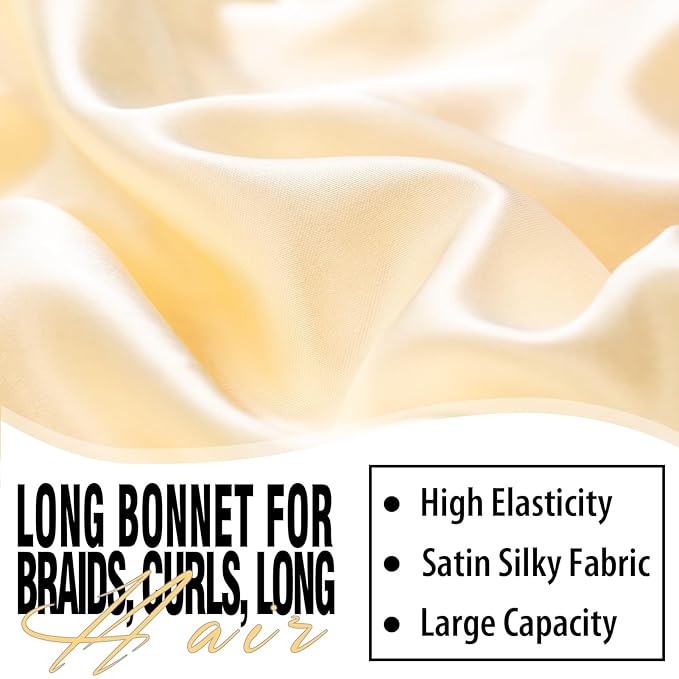 2Pcs Bonnets for Black Women Braid Bonnet, Large Long Satin Bonnet for Braids, Silk Bonnet with Stretchy Tie Band Sleep Cap Hair (2Pcs-Black&Gold)