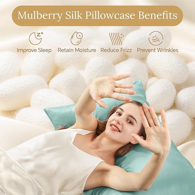 INFIIXSO Mulberry Silk Pillowcase for Hair and Skin, Silk Pillow Cases Queen Size Set of 2 with Hidden Zipper 20"x30", Ultra Smooth and Soft Cooling Pillow Cases for Hot Sleepers(ICY Morn, 2 Pack)