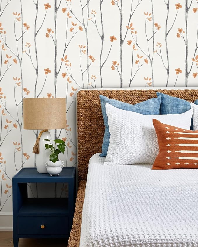 Timeet Peel and Stick Wallpaper White and Orange Floral Wallpaper Boho Leaf