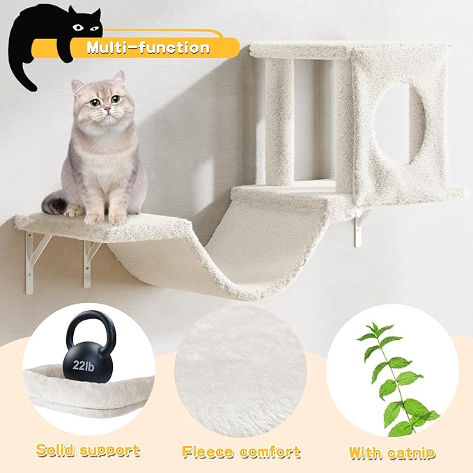 NUNU LAB Cat Wall Shelves, 6 Pcs Luxury Wall-Mounted Cat Climber Set, Indoor Cat Furniture with 1 Condos House, 2 Cat Wall Shelves, 1 Scratching, 1 Bridge Ladder, 1 Scratching Pad, White