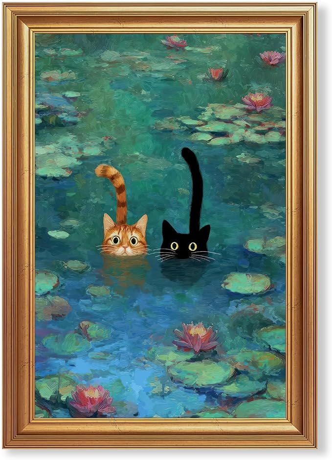 Fantasy Artists Gold Framed Wall Art Prints, Two Swimming Cats in Lotus Pond
