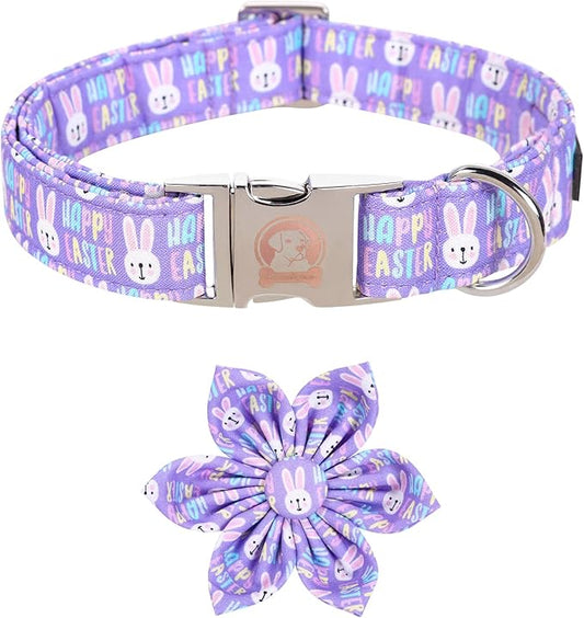 MR. CHUBBYFACE Easter Dog Collar, Purple Rabbit Pet Collar with Flower, Adjustable Puppy Collar Bowtie for Small Medium Large Dogs