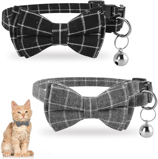 Jeffdad 2Pcs Cat Collar Breakaway, Cat Collar with Bells Bowtie Plaid Cat Collar Adjustable for Kitten Puppy and Small Pets (Black and Gray Plaid)