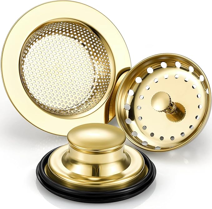 Mudder 3 Pcs Kitchen Sink Drain Strainer and Stopper Stainless Steel Garbage Disposal Plug with Handle Universal Anti-Clogging Kitchen Sink Filter Sieve Basket Strainer(Light Gold)