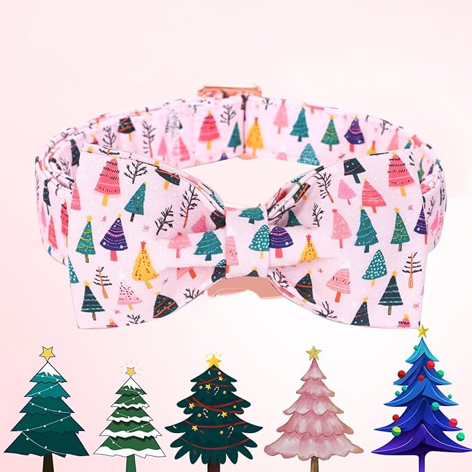 Christmas Dog Collar, Pink Christmas Tree Soft Comfortable Collars with Bow Adjustable Pet Collar with Premium Metal Buckle Dog Necklace for X-Large Girl Dogs