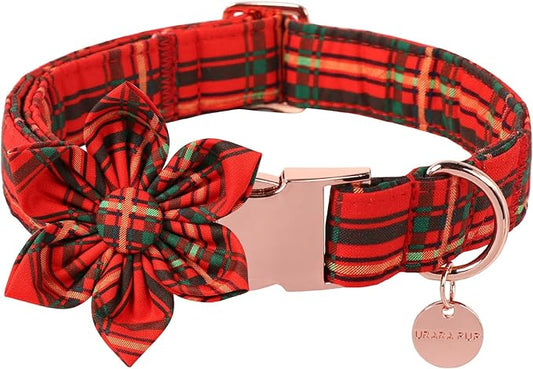Christmas Dog Collar with Flower, Cotton Christmas Plaid Collar for Medium Girl Boy Dog,Red &Green Plaid Dog Collar Bowtie with Durable Metal Buckle,Adorable Pet Collar, XS, Neck 8-12in