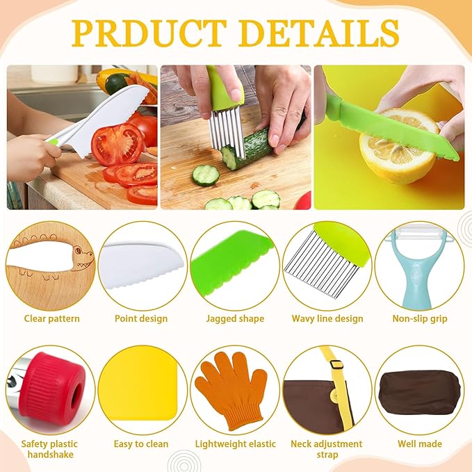 14 Pieces toddler knife, Kids Knife Set Include Wood Kids Safe Knife, Plastic Toddler Knife, Cutting Board, Apron, Y Peeler, Crinkle Cutter, Kitchen Sleeves Covers, Gloves, Sandwich Cutter