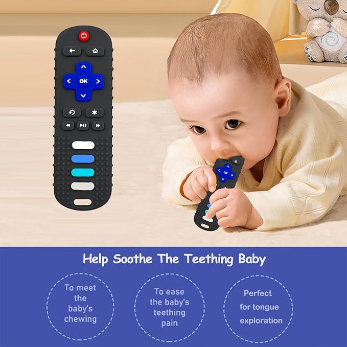 ROBBEAR Baby Teething Toys, Food Grade Silicone Teether for Babies 3 6 12 18 Months, TV Remote Shape Toddlers Chew Toys, Freezer BPA Free (Black+Khaki)