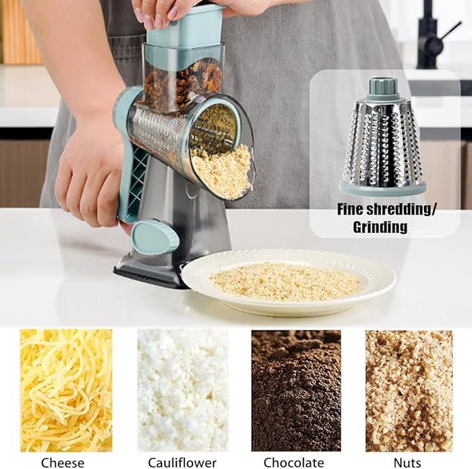 Rotary Cheese Grater Shredder with Handle Handheld Round Mandoline Vegetable Slicer Carrot Shredder Nut Grinder with 3 Replaceable Stainless Steel Drum Blades and Upgrade Strong Suction, Grey/Cyan