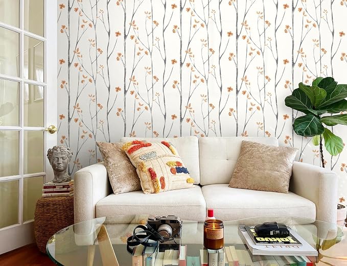 Timeet Peel and Stick Wallpaper White and Orange Floral Wallpaper Boho Leaf