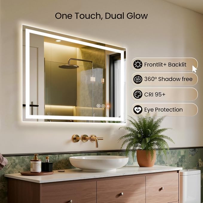 55X30 LED Bathroom Mirror with Lights, Backlit + Front Lit, Lighted Bathroom