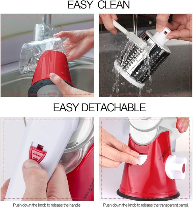 Ourokhome Rotary Cheese Grater Hand Crank, Kitchen Shredder Speed Mandolin Slicer Nut Grinder with Handle and Drum Blades for Cheese, Vegetable, Walnut, Chocolate, Potato, Carrot, 3 Blades, Red