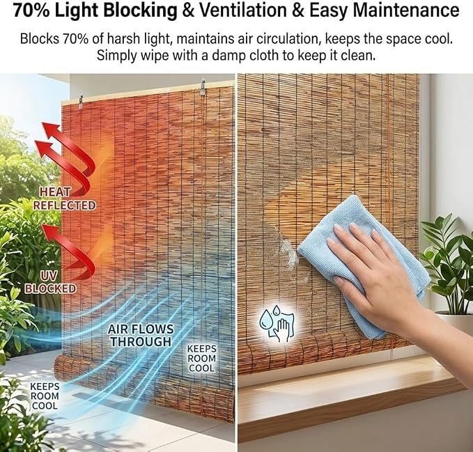 Bamboo Roller Shades for Outdoor Patio, Outside Waterproof Sun Shade, Privacy