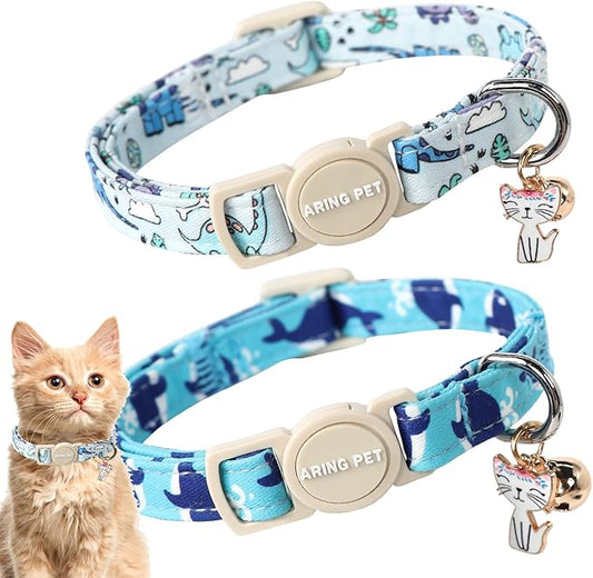 ARING PET 2 Pack Cat Collars-Cute Breakaway Cat Collar with Bell & Pendant, Adjustable Blue Whales&Dinosaur Pattern Kitten Collars with Safety Buckle for Girl and Boy Cats