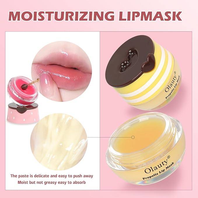 8 PCS Bee Lip Balm Honey Pot - Strawberry, Watermelon, Apple Lime, Cherry, Mint, Grapes & Peach Flavors - Sleeping Mask for Hydrating & Preventing Dry, Cracked Lips