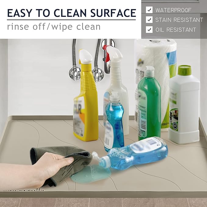 Heavy Duty Silicone Under Sink Mats for Kitchen Waterproof 40" x 22", Extra Thick Under Sink Rubber Mat Drip Tray, Raised Edge Under Sink Liner,Prevent Drips, Leaks, Spills,Brown