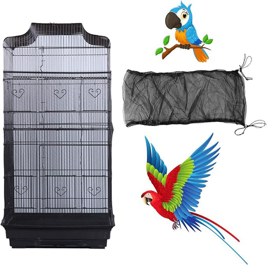 Bird Cage Seed Catcher, Large Airy Gauze Seeds Bird Cage Cover Guard Adjustable Bird Cage Cover Birdcage Seed Feather Catcher Universal Birdcage Parrot Bird Nylon Mesh Net Cover(L-118x16 in, Black)
