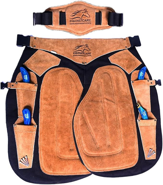 Equine Care Farrier Apron Chaps – Cowhide Suede Leather & Canvas, Adjustable Waist 28"-52" with Back Support, Tool Pockets & Nail Magnets – 23", 25", 27", 29" for Horse Shoeing (29 inches (75 cm))