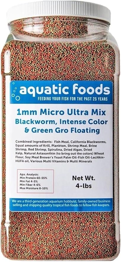 Aquatic Foods Inc. 1mm Ultra Mix of Blackworm, Intense Red, Green GRO Floating Pellets for Discus, Cichlids, All Tropicals, Koi and Pond Fish…4-lb Lg Jar