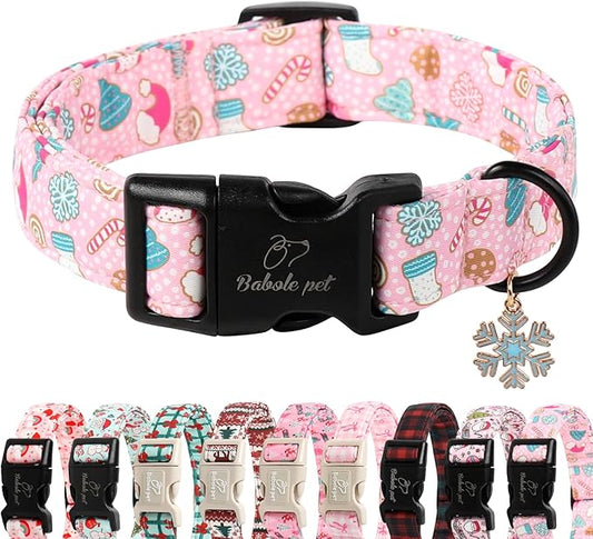 Christmas Dog Collar for Large Dogs - Cute Snowflake Print Pink Christmas Collars for Dogs, Soft Adjustable Winter Holiday Dog Collars with Quick Release Buckle L