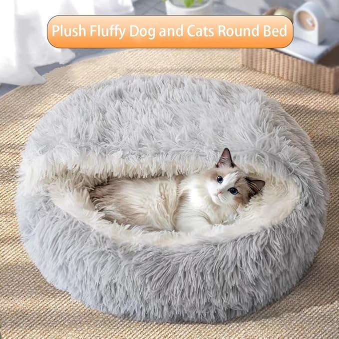 Plush Fluffy Dog and Cats Round Bed, Ultra-Soft Plush with Raised Rim, Non-Slip Bottom, Plush Cat Bed with A Cover, for Small Dogs and Cats (Brown, Small)