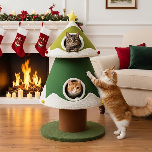 44" Tall Christmas Cat Tree with Three Entrances, Stable Christmas Cat Tower with Scratching Posts and Gift Box, for Indoor Cats (Gradient-44 Tall)