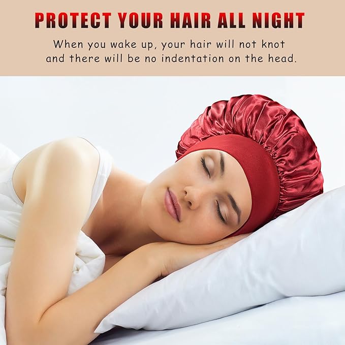 2pcs Satin Bonnets for Women, Silk Hair Bonnet for Sleeping, Wide Soft Band Large Silky Sleep Cap for Curly Hair Braids