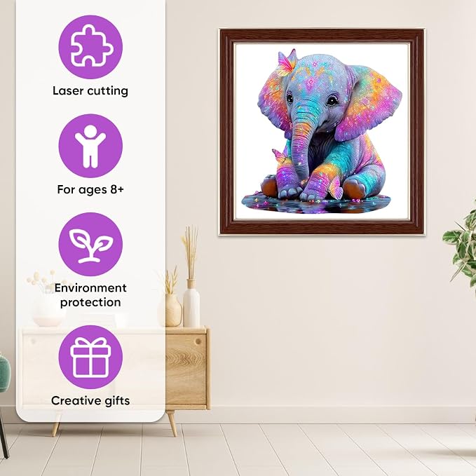 MEATRN Wooden Jigsaw Puzzles, Animal Puzzles for Adults & Kids, 491 Pcs | Colorful Baby Elephant with Butterflies, Educational Brain Teaser Gift and Home Art Decor, 16.3x16.7 in