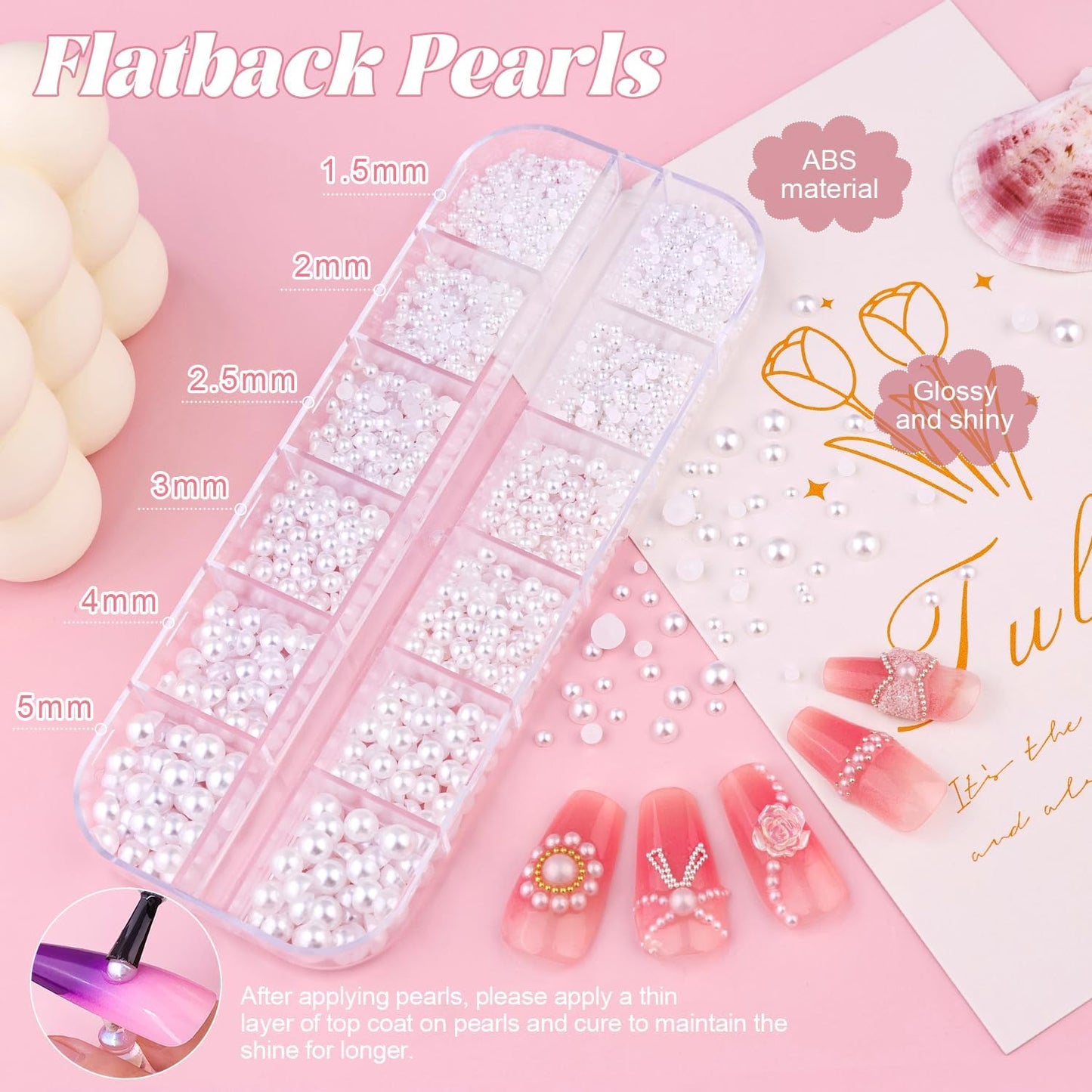 2 Boxes Flatback Pearls (White) and Metal Nail Beads (Silver) with Rhinestones Glue Gel for Nail Art, Pearl Nail Charms and Round Caviar Beads Nail Accessories for Acrylic Nail Tips Manicure Decor