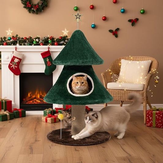 41" Tall Christmas Cat Tree, Stable Christmas Cat Tower with Scratching Posts and Gift Box, for Indoor Cats (41" Tall)
