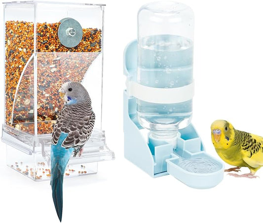 Rypet No Mess Bird Water Feeder Dispenser Set Automatic Bird Feeder Transparent Food Container Cage Acrylic Parrot Feeders Accessories for Small Birds Parrot Cockatoo Canary