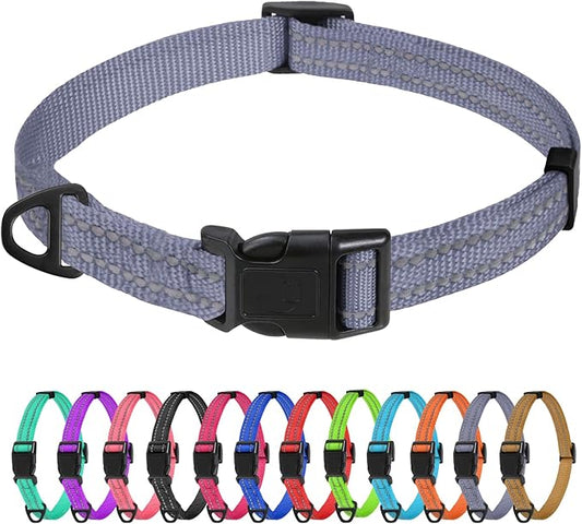 TagME Reflective Nylon Dog Collars, Adjustable Classic Pet Collar with Quick Release Buckle for Small Dogs, Grey, 5/8" Width