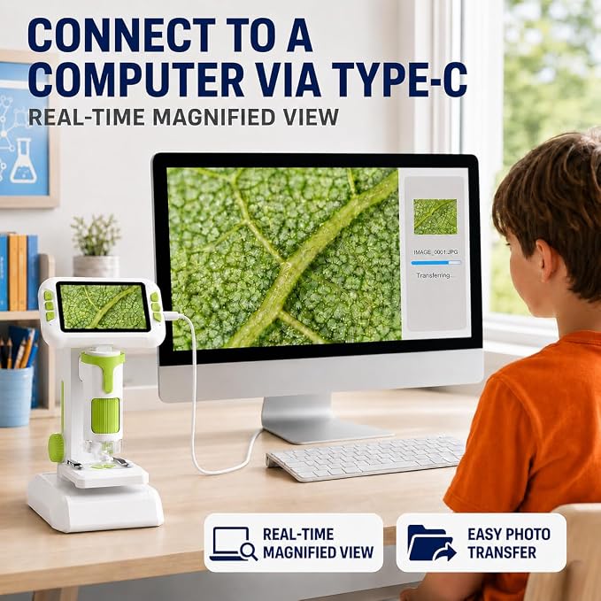1600X Microscope for Kids, 4K 4.0" Digital Screen Kids Microscopes with Slides Kit, Handheld Microscope, Science Kits for Kids, STEM Toys for Christmas Birthday Gifts for 3-14 Girls Boys Child (Green)