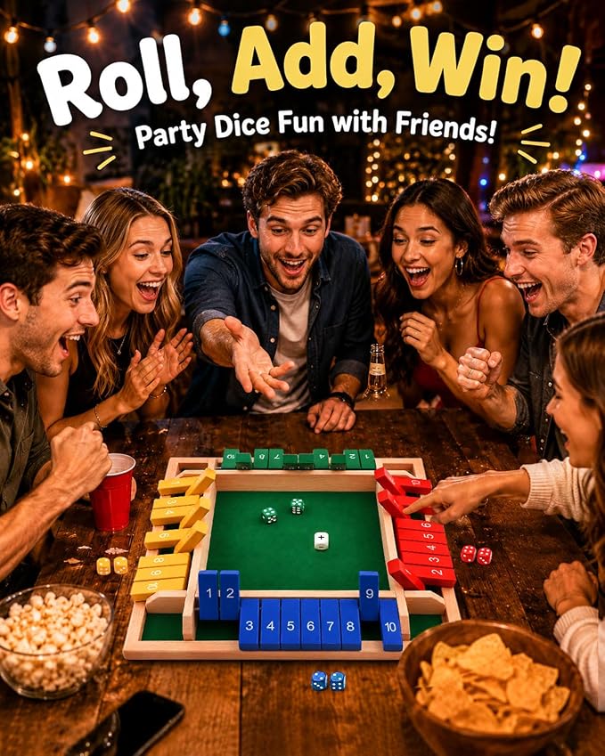 Upgraded 12-inch Shut The Box Game, Easy Quick and Fun Educational Math Game with 4 Symbolic Dice, 1-4 Players Wooden Board Games for Family Night Classroom Party, Tabletop Games for Kids Adult Senior