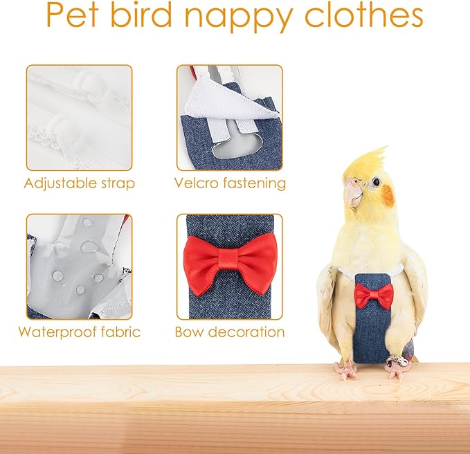 Parrot Clothes - Diaper Bird Flight Suit with Adjustable Straps, Harness, Elastic Training Rope (1PCS, Denim Blue, XS)