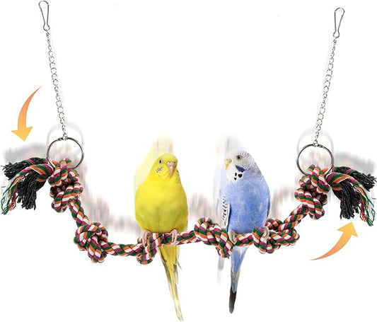 Bird Rope Perch & Swing Toy, Sturdy Knotted Parrot Cotton Rope with Chains, Parakeet Swing Perch Bird Cage Accessories Toy, No Sharp Wires for Budgie Cockatiel Safe Claw and Balance Training